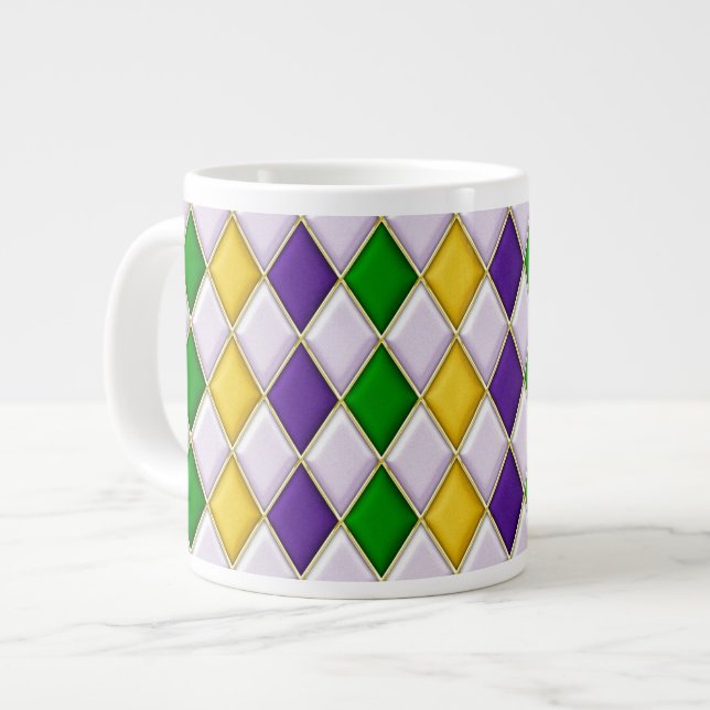 Caneca De Café Grande Púrpura Verde Dourada Mardi Gras Harlequin Pattern (Frente Esquerda)
