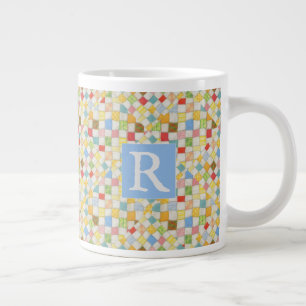 Caneca De Café Grande QUILT MOSAIC Big White Mug + Texto / Azul