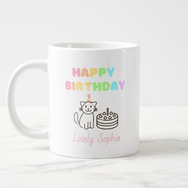 Caneca De Café Grande Rainbow&Cat Feliz Aniversário (Esquerda)