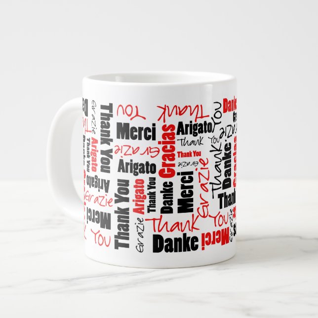 Caneca De Café Grande Red Black Multilingual Obrigado Palavra (Frente Esquerda)
