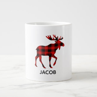 Caneca De Café Grande Red Buffalo Plaid Reindeer Christmas Monogram 