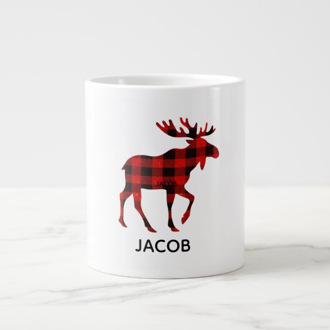 Caneca De Café Grande Red Buffalo Plaid Reindeer Christmas Monogram  (Frente)