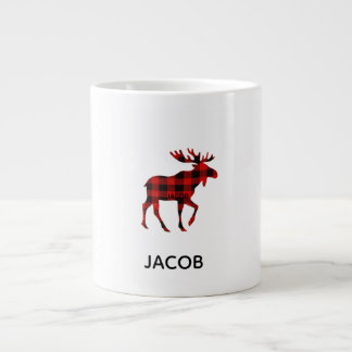 Caneca De Café Grande Red Buffalo Plaid Reindeer Christmas Monogram 