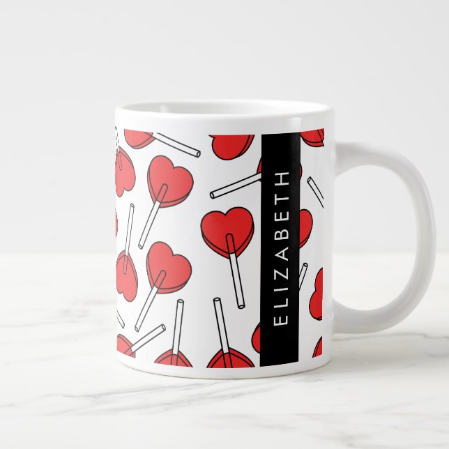 Caneca De Café Grande Red Lollipops, Heart Lollipops, Lolly, Your Name (Direita)