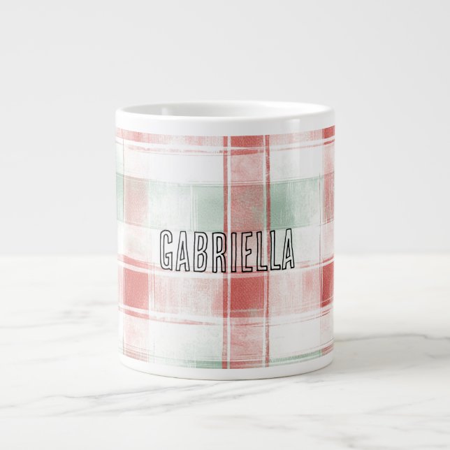 Caneca De Café Grande Red Mint Peppermint Mocha Plaid Stripes Christmas (Frente)