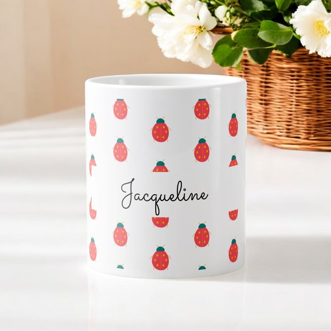 Caneca De Café Grande Red White Ladybug Natureza Padrão Girly (Criador carregado)