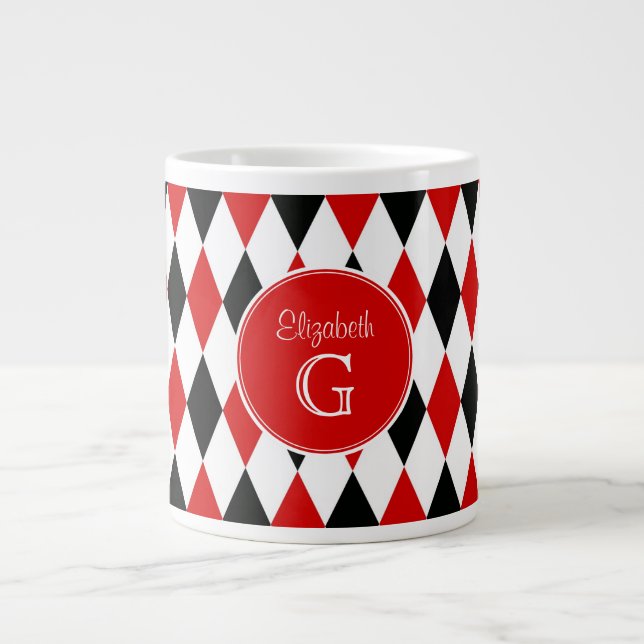 Caneca De Café Grande Red Wht Blk Harlequin Vermelho redondo Monograma # (Frente)