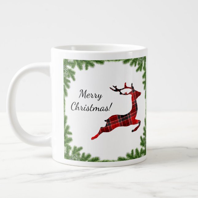 Caneca De Café Grande Red Xadrez Reindeer Feliz Feriado de Natal (Esquerda)