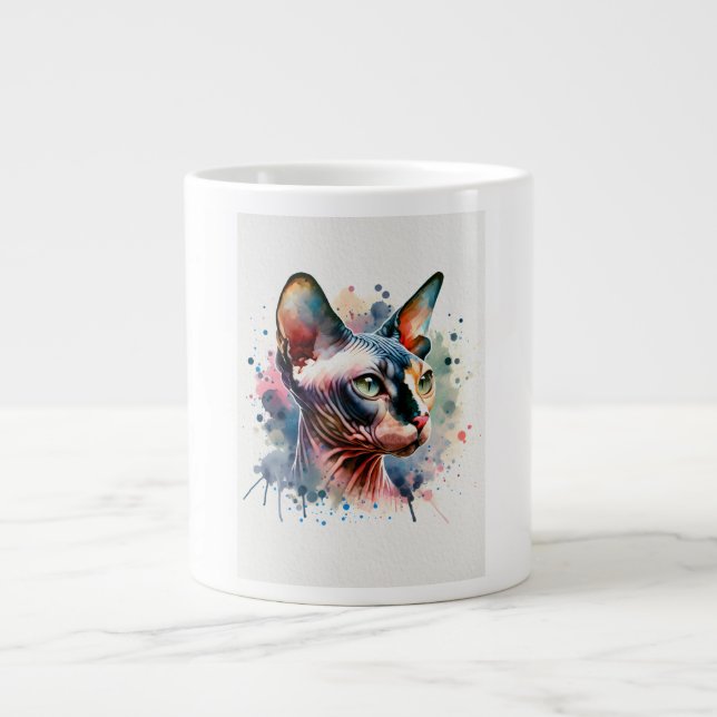 Caneca De Café Grande Retrato Artístico De Gato Esfingx Por Aquarela (Frente)