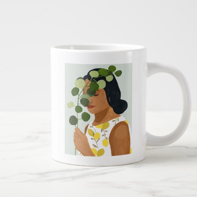 Caneca De Café Grande Retrato de Botânica - Mulher com Greenery (Direita)