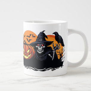 Caneca De Café Grande Retrato de Esqueleto de Halloween Abóbora Mágica �