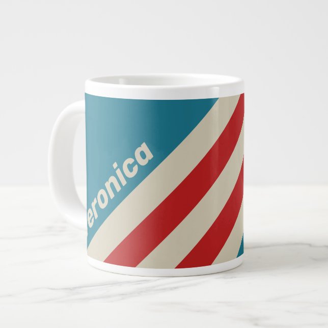Caneca De Café Grande Retro Aqua Surf Stripes with Name (Frente Esquerda)