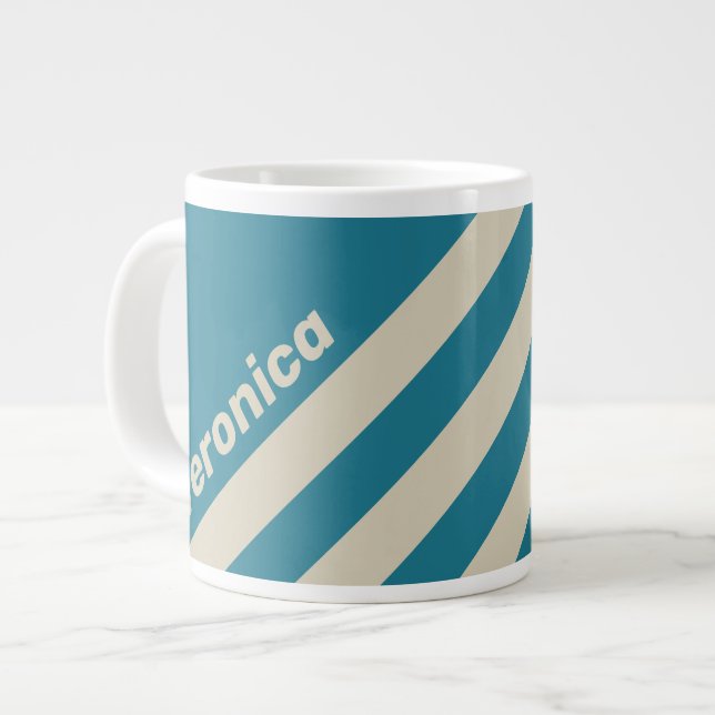 Caneca De Café Grande Retro Aquamarine Three Stripes with Name (Frente Esquerda)