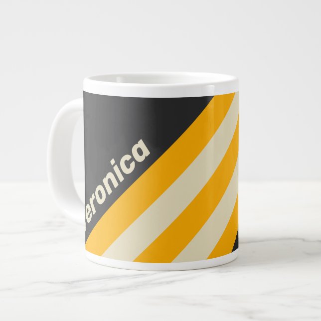 Caneca De Café Grande Retro Black Sun Stripes with Name (Frente Esquerda)