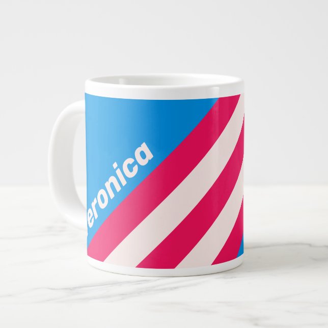 Caneca De Café Grande Retro Blue Crush Stripes with Name (Frente Esquerda)