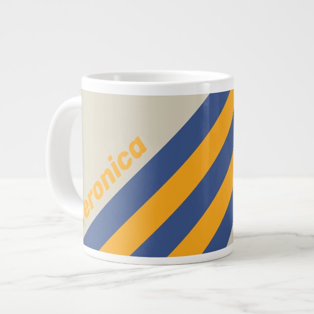 Caneca De Café Grande Retro Blue Crush Sunset Stripes with Name (Frente Esquerda)