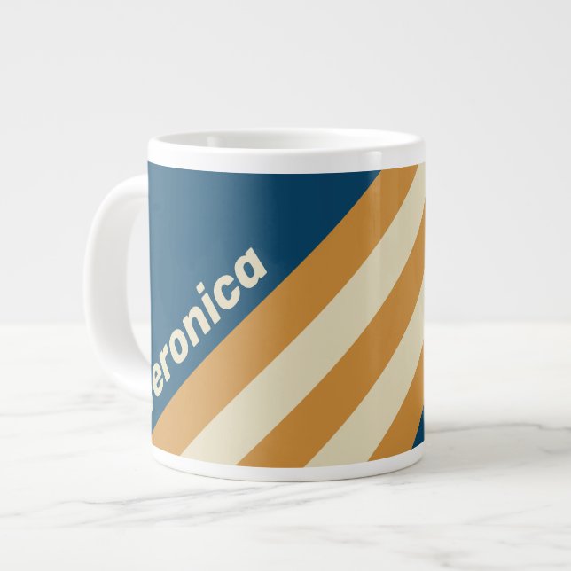 Caneca De Café Grande Retro Blue Wave Stripes with Name (Frente Esquerda)