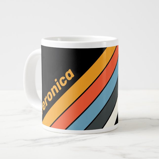 Caneca De Café Grande Retro Dark Rainbow Striped with Name (Frente Esquerda)