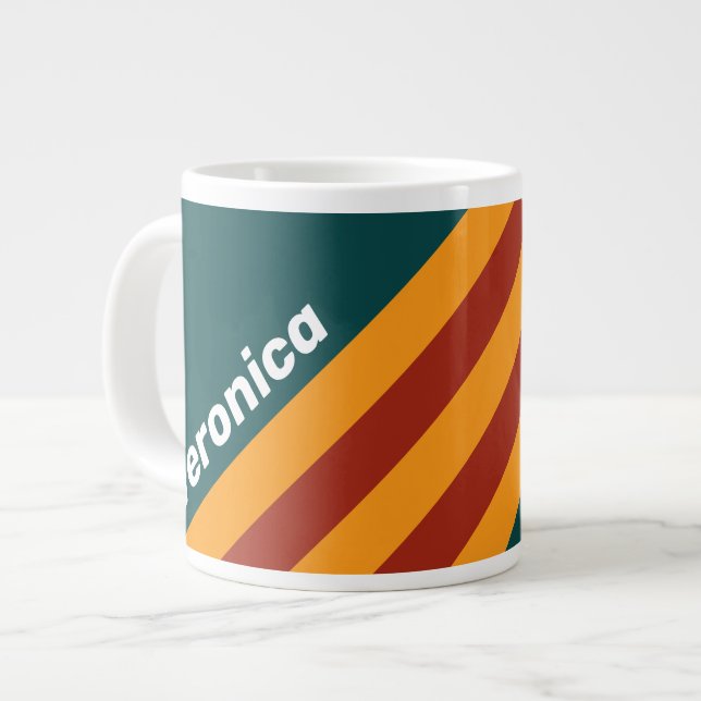 Caneca De Café Grande Retro Dark Teal Splash Stripes with Name (Frente Esquerda)