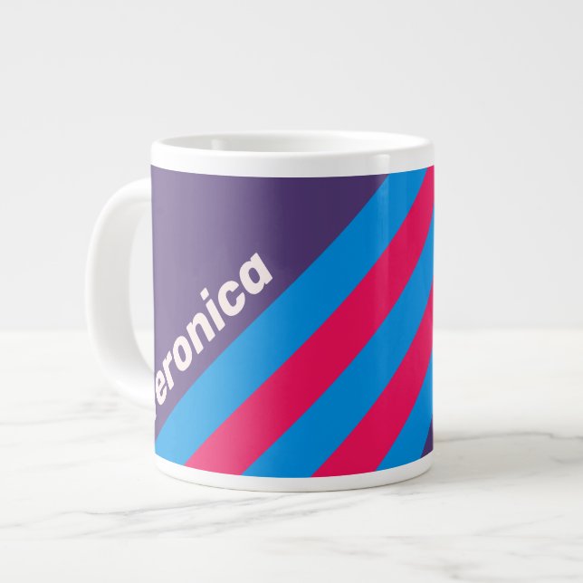Caneca De Café Grande Retro Electric Grape Stripes with Name (Frente Esquerda)