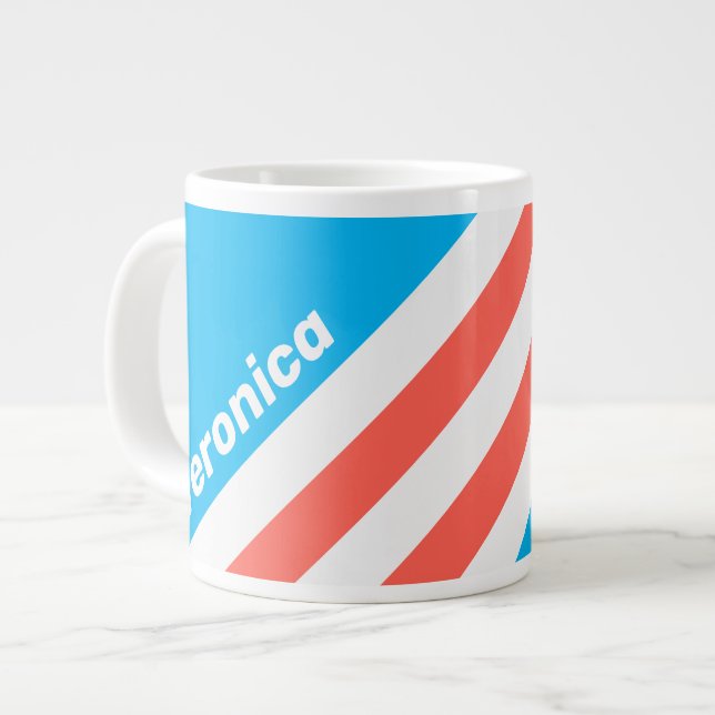 Caneca De Café Grande Retro Light Sky Blue Stripes with Name (Frente Esquerda)