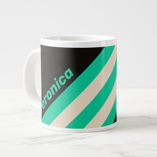 Caneca De Café Grande Retro Midnight Mint Stripes with Name (Frente Esquerda)