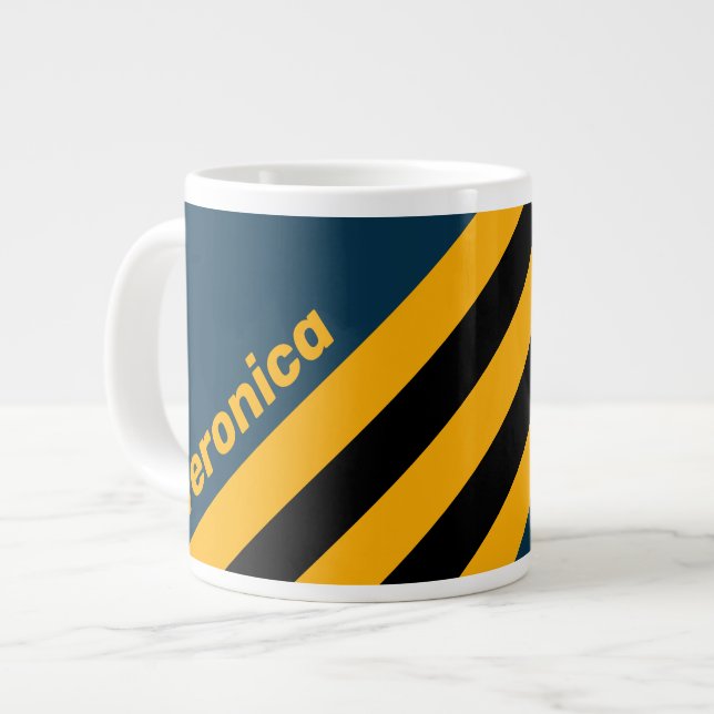 Caneca De Café Grande Retro Moonlit Tide  Stripes with Name (Frente Esquerda)