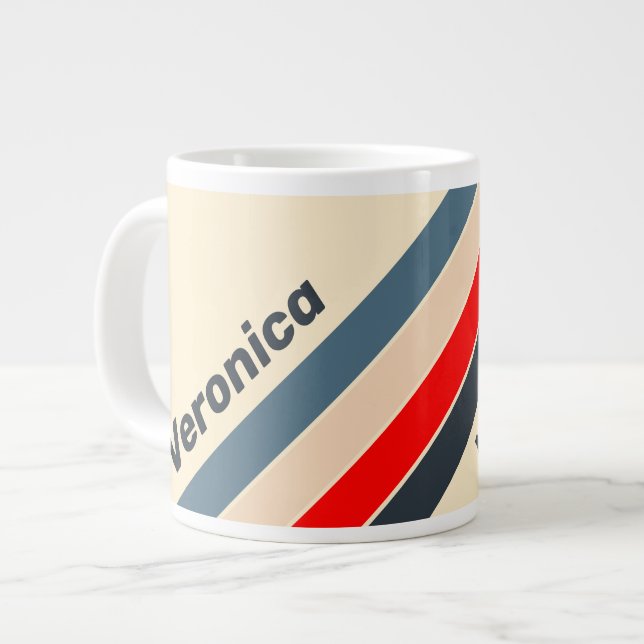 Caneca De Café Grande Retro Nautical Rainbow Striped with Name (Frente Esquerda)