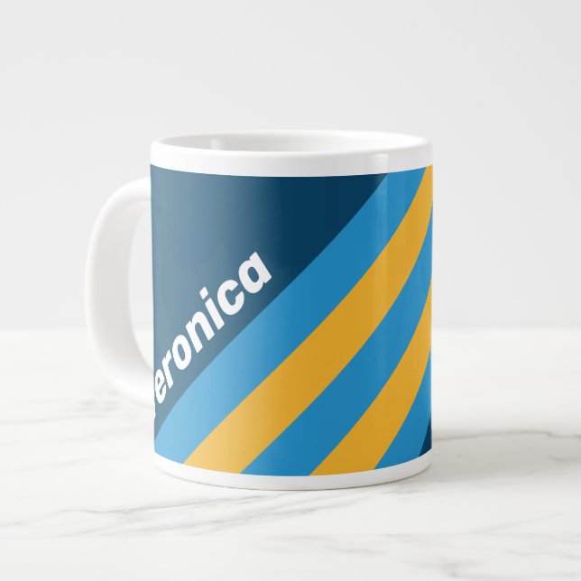 Caneca De Café Grande Retro Navy Blue Stripes with Name (Frente Esquerda)