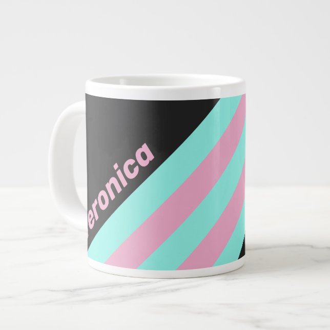 Caneca De Café Grande Retro Night Prism Stripes with Name (Frente Esquerda)