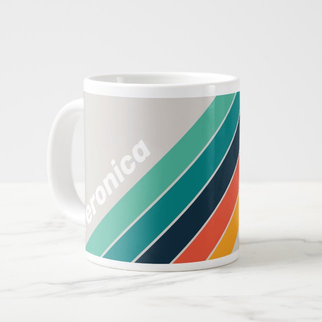 Caneca De Café Grande Retro Ocean Rainbow Striped with Name (Frente Esquerda)