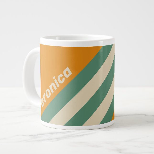 Caneca De Café Grande Retro Orange Stripes with Name (Frente Esquerda)