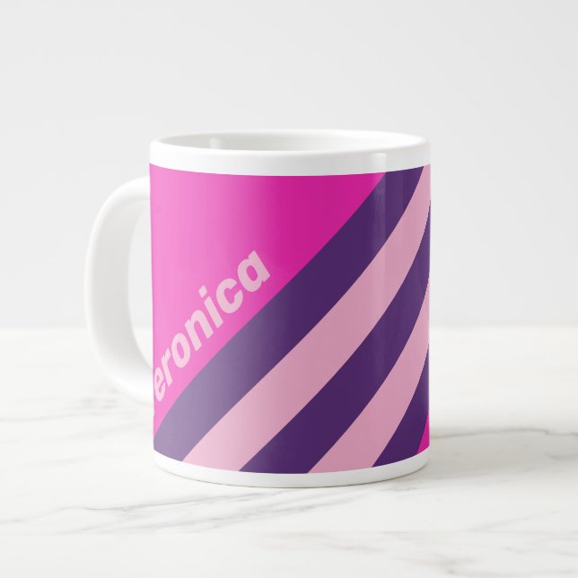 Caneca De Café Grande Retro Pink Sky Stripes with Name (Frente Esquerda)