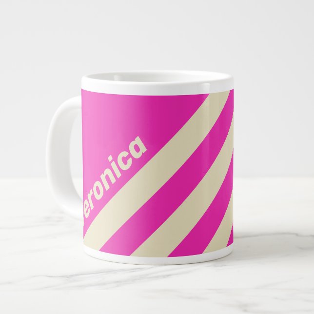 Caneca De Café Grande Retro Pink Three Stripes with Name (Frente Esquerda)