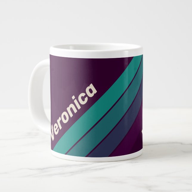 Caneca De Café Grande Retro Purple Rainbow Stripes with Name (Frente Esquerda)