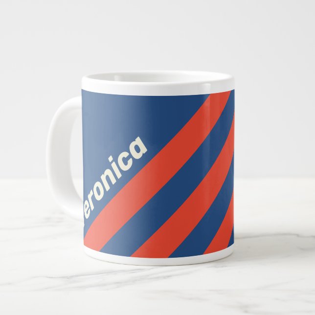 Caneca De Café Grande Retro Red & Blue Three Stripes with Name (Frente Esquerda)