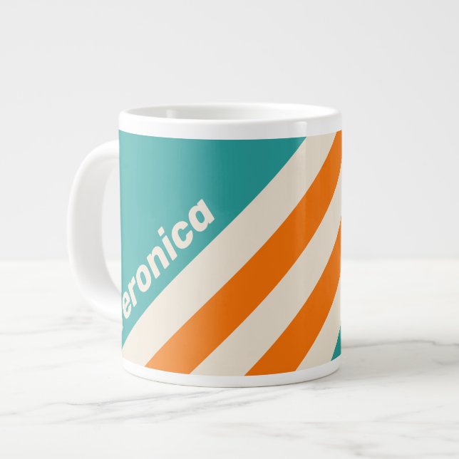 Caneca De Café Grande Retro Sea Breeze Vibe Stripes with Name (Frente Esquerda)