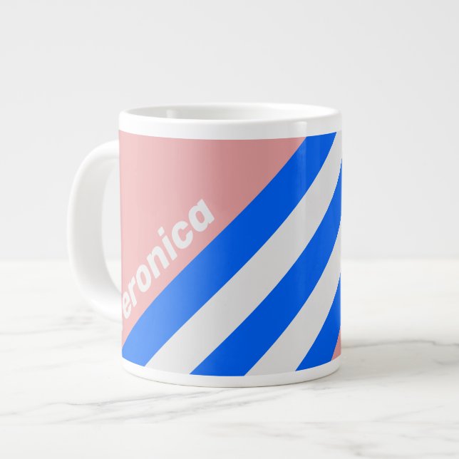 Caneca De Café Grande Retro Sea Kiss Stripes with Name (Frente Esquerda)