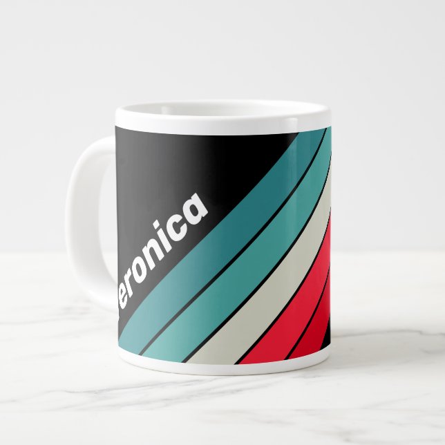 Caneca De Café Grande Retro Stealth Rainbow Striped with Name (Frente Esquerda)