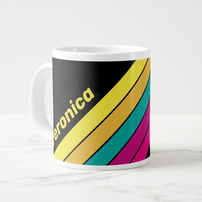 Caneca De Café Grande Retro Striped Dark 80s with Name (Frente Esquerda)