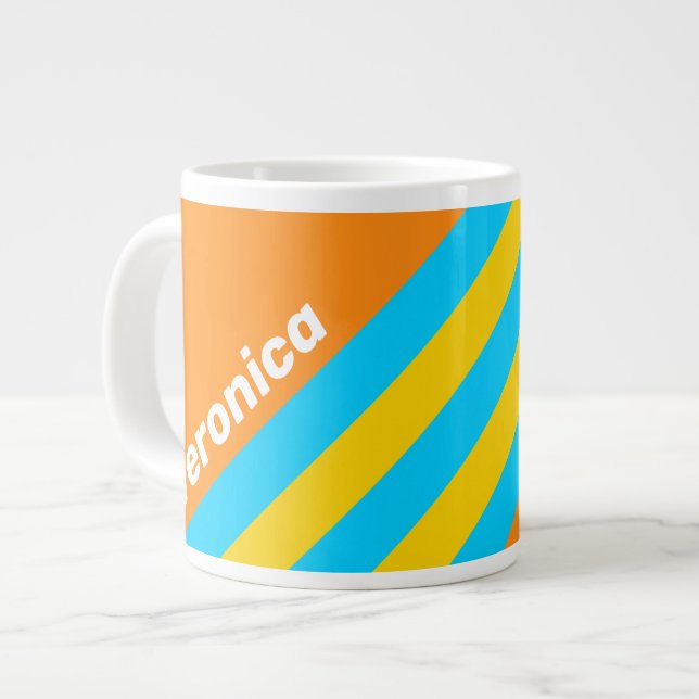 Caneca De Café Grande Retro Summer Beach Stripes with Name (Frente Esquerda)