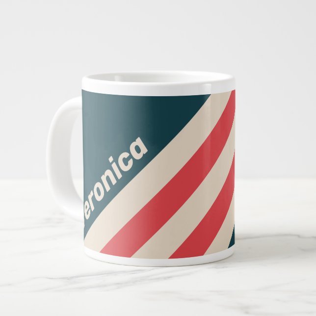 Caneca De Café Grande Retro Teal Vibe Stripes with Name (Frente Esquerda)