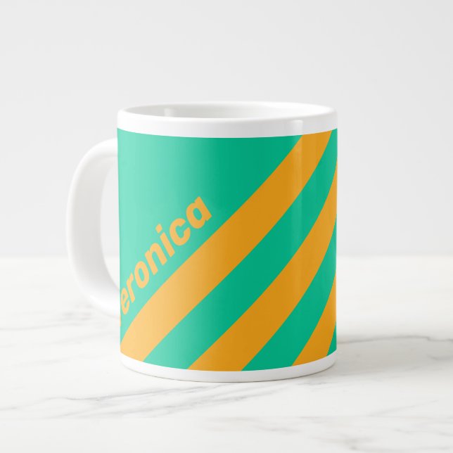 Caneca De Café Grande Retro Tropical Punch Stripes with Name (Frente Esquerda)