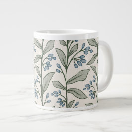 Caneca De Café Grande Reverie Botânica Florais Azuis Folhas Verdes Arte