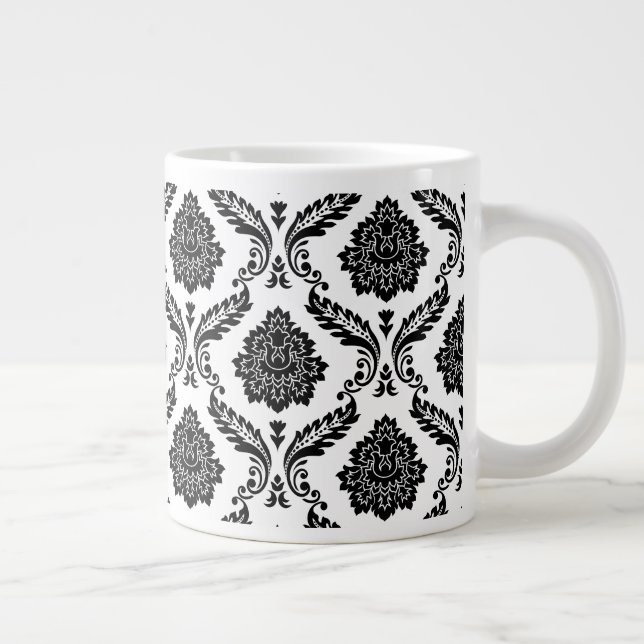 Caneca De Café Grande Rococo Damask Pattern Black on White (Direita)