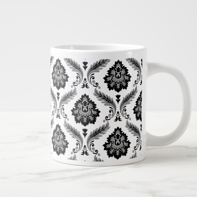 Caneca De Café Grande Rococo Damask Pattern Grey Black White (Direita)