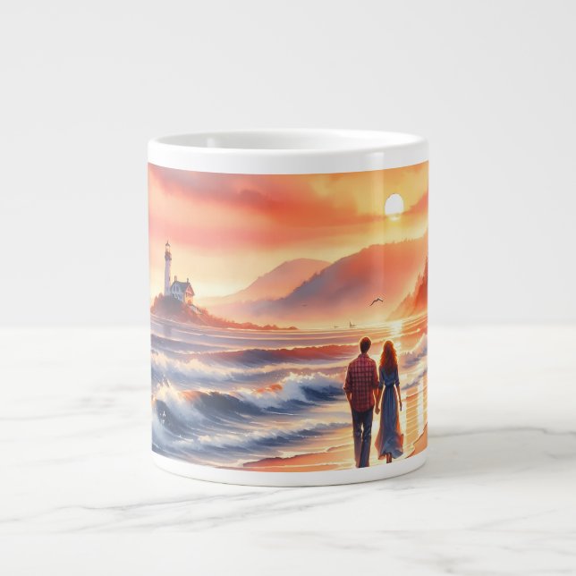 Caneca De Café Grande Romantic Coastal Sunset Lighthouse Walk (Frente)