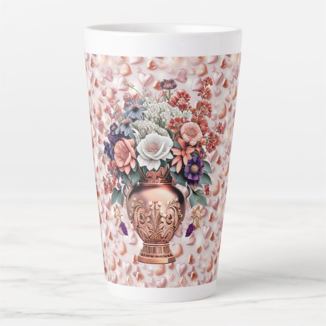 Caneca de Café Grande Rosa com Corações e Flores e (Frente)