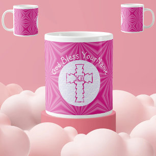 Caneca De Café Grande Rosa Vibrante Zigue-Zague Cruz Rosa Branco Persona