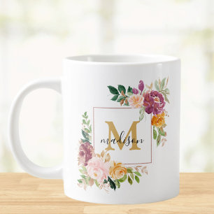 Caneca De Café Grande Rosas Florais Coloridas em Aquarela Monograma Flor